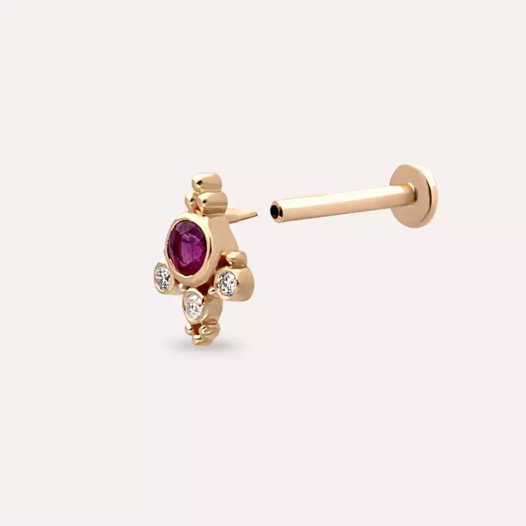 Lune Yakut ve Pırlanta Taşlı Rose Altın Piercing