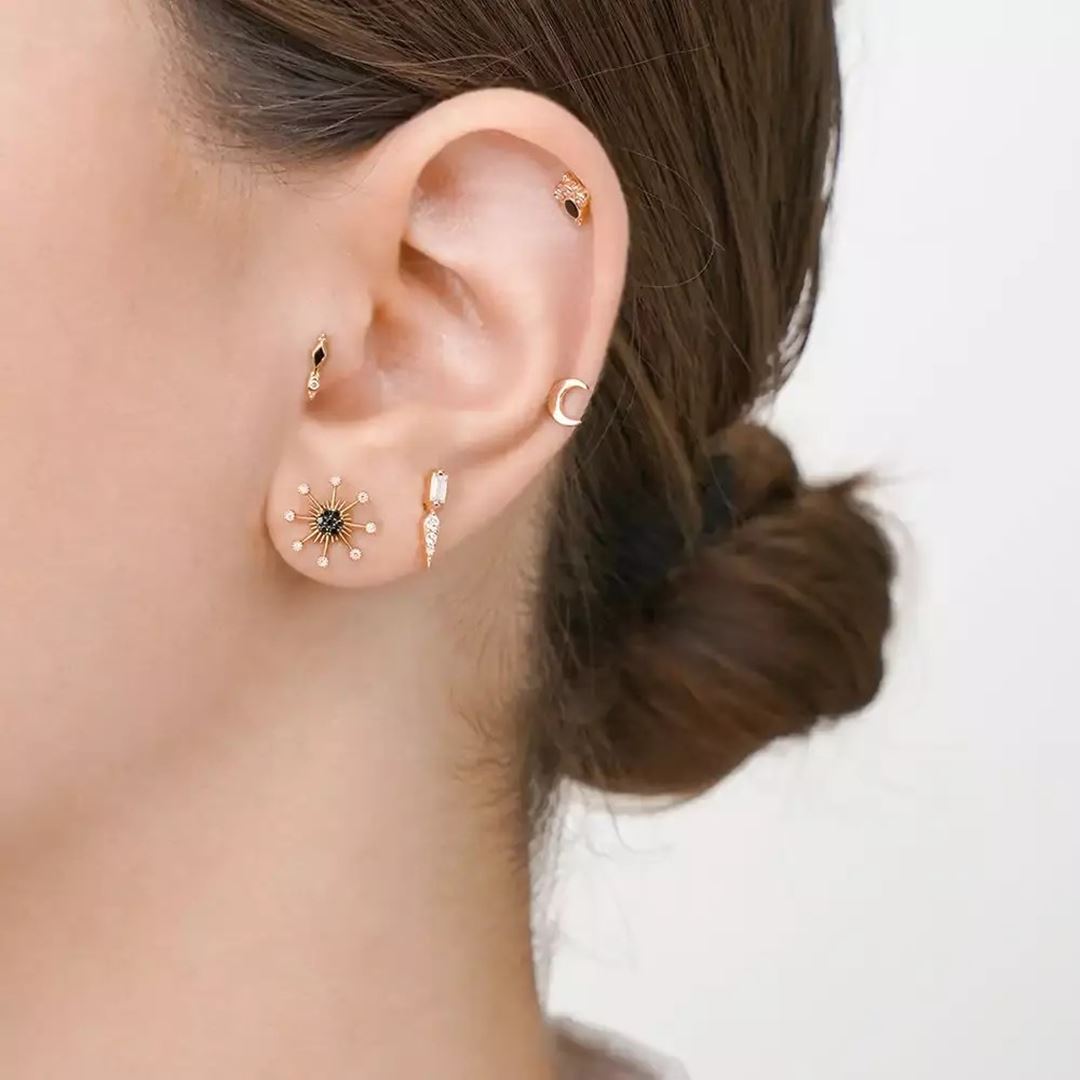 Riba Pırlanta Taşlı ve Siyah Mineli Rose Altın Piercing