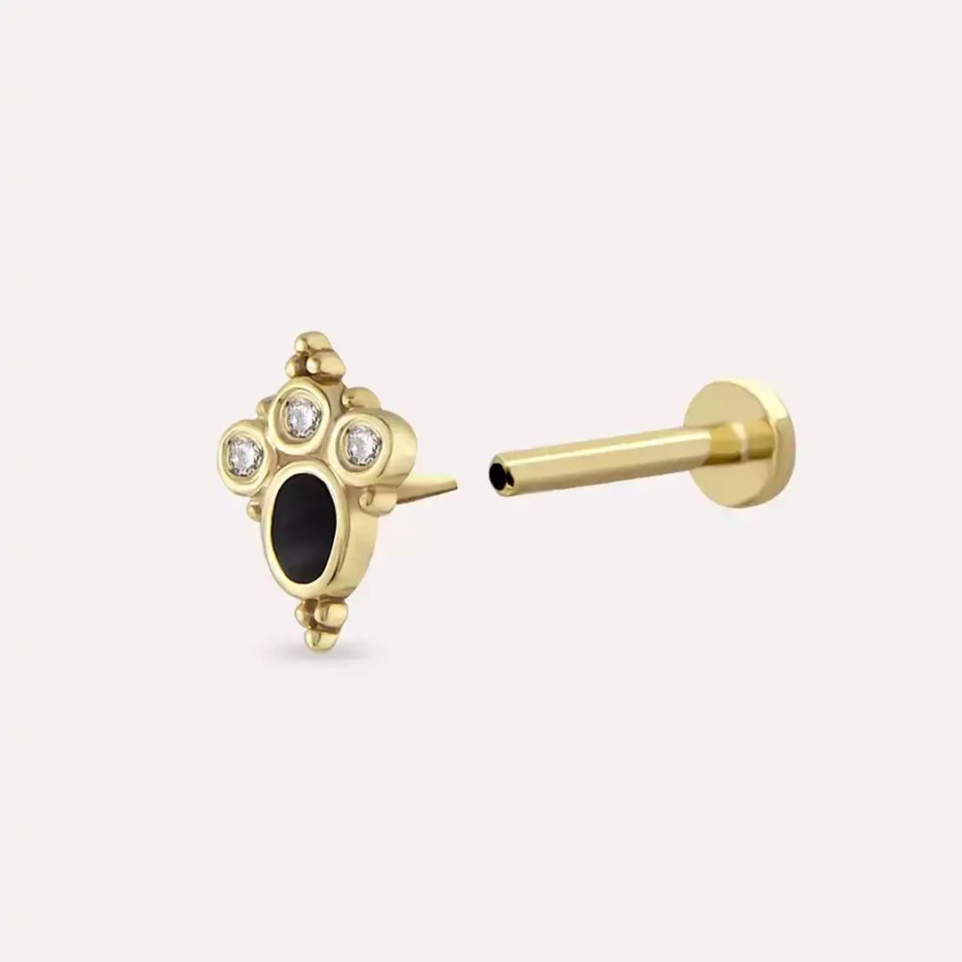 Liya Pırlanta Taşlı ve Siyah Mineli Sarı Altın Piercing