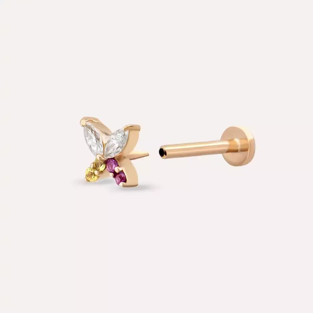 Butterfly Yellow, Pink Safir ve Pırlanta Taşlı Rose Altın Piercing