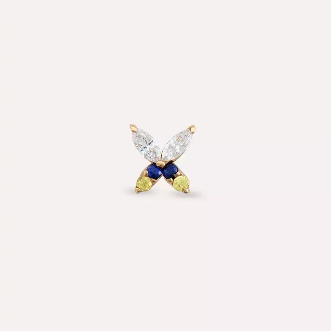 Butterfly Yellow, Blue Safir ve Pırlanta Taşlı Rose Altın Piercing