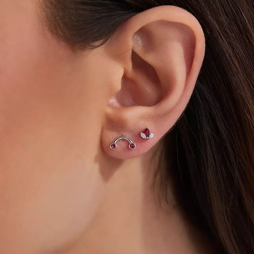 Mini Lotus Yakut ve Pırlanta Taşlı Beyaz Altın Piercing