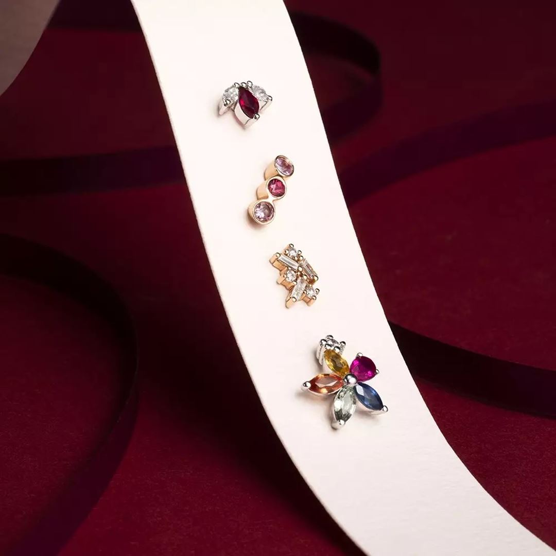 Mini Lotus Yakut ve Pırlanta Taşlı Beyaz Altın Piercing