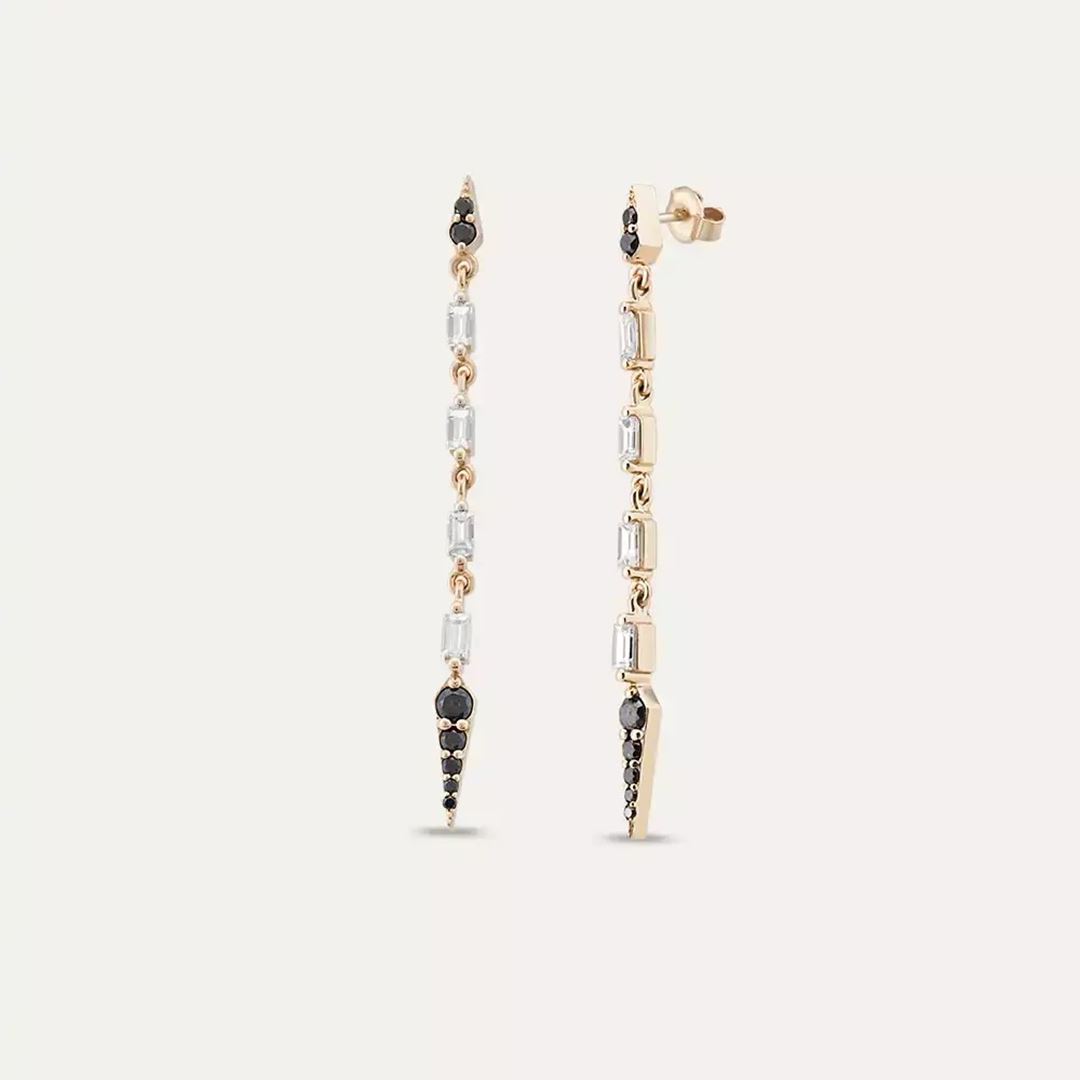 Flon Siyah Pırlanta ve Baget Pırlanta Taşlı Küpe