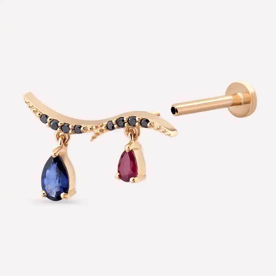 Ziva Siyah Pırlanta, Yakut ve Safir Taşlı Rose Altın Piercing