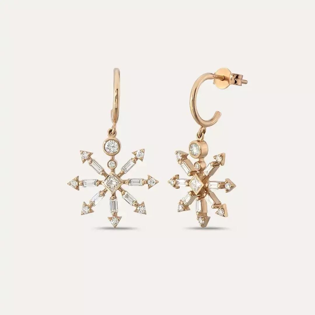 Quill Baget Kesim Pırlanta Taşlı Rose Altın Küpe