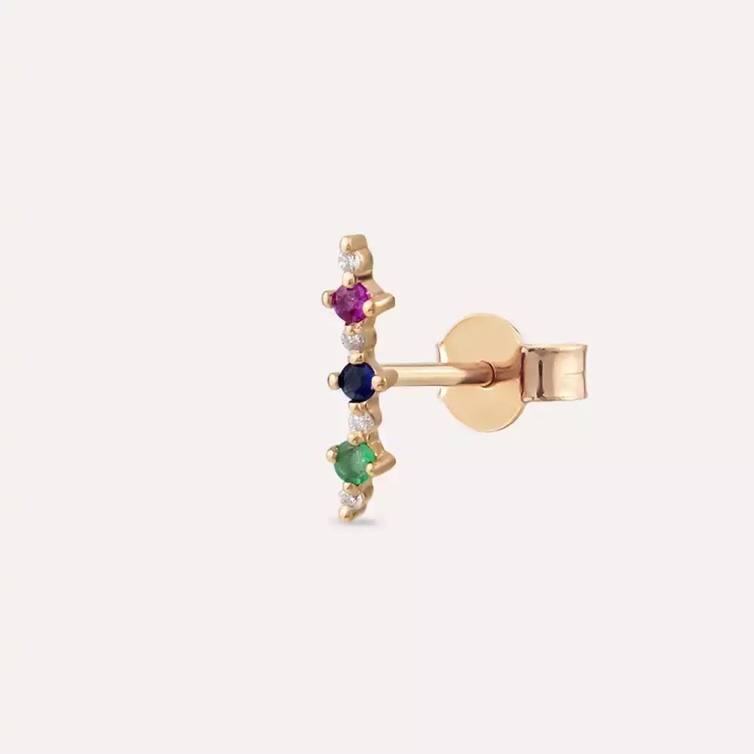 Hued Çok Renkli Taşlı Rose Altın Tek Küpe