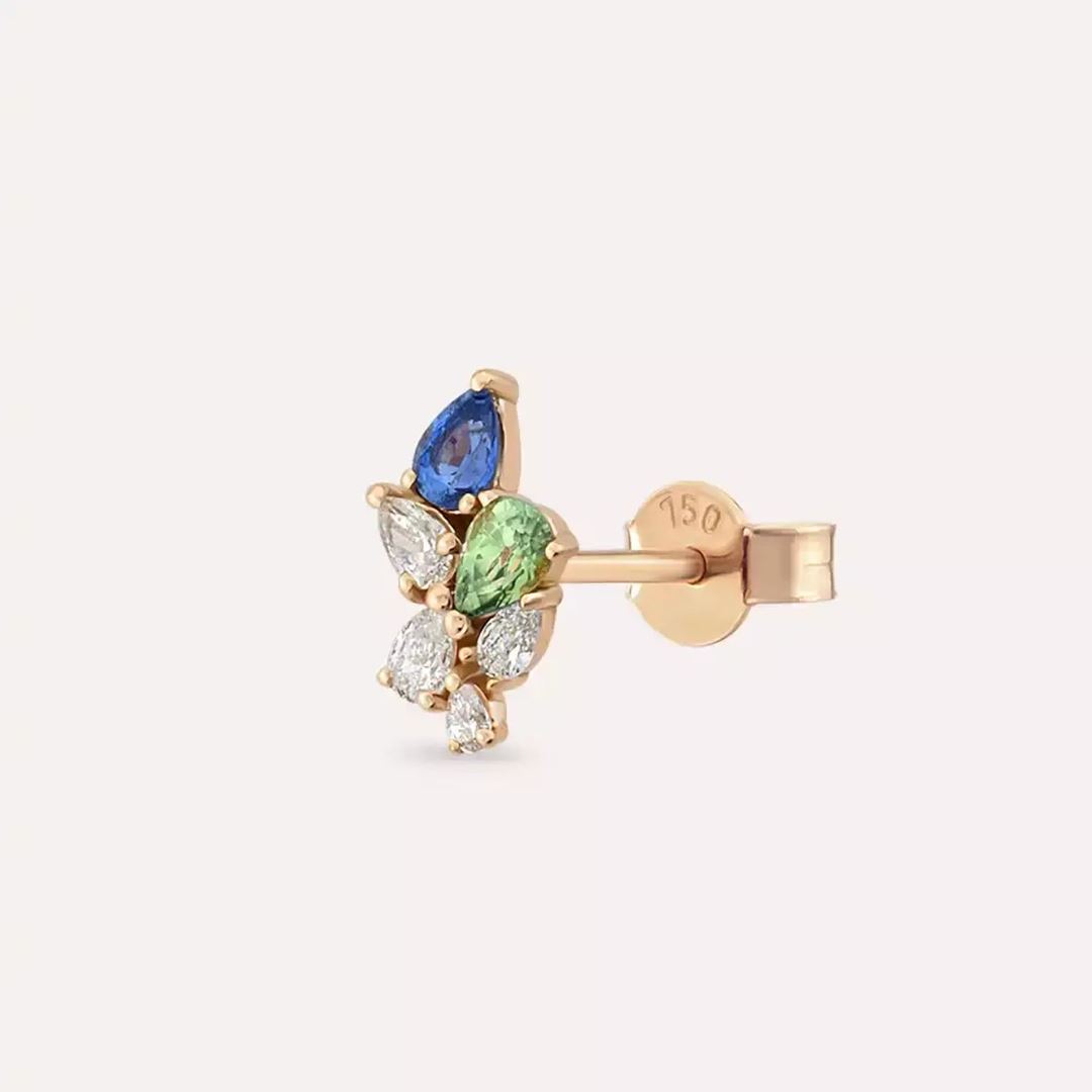 Sheaf Multicolor Safir ve Pırlanta Taşlı Rose Altın Tek Küpe