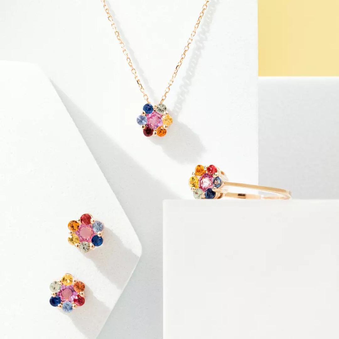 Flower Multicolor Safir Taşlı Rose Altın Kolye