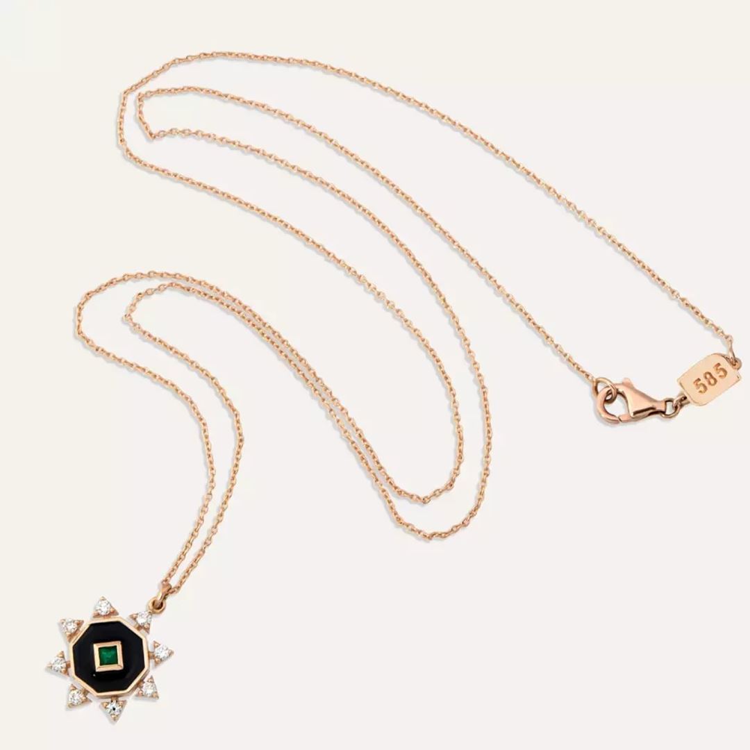 Zenith Zümrüt ve Pırlanta Taşlı Siyah Mineli Rose Altın Kolye