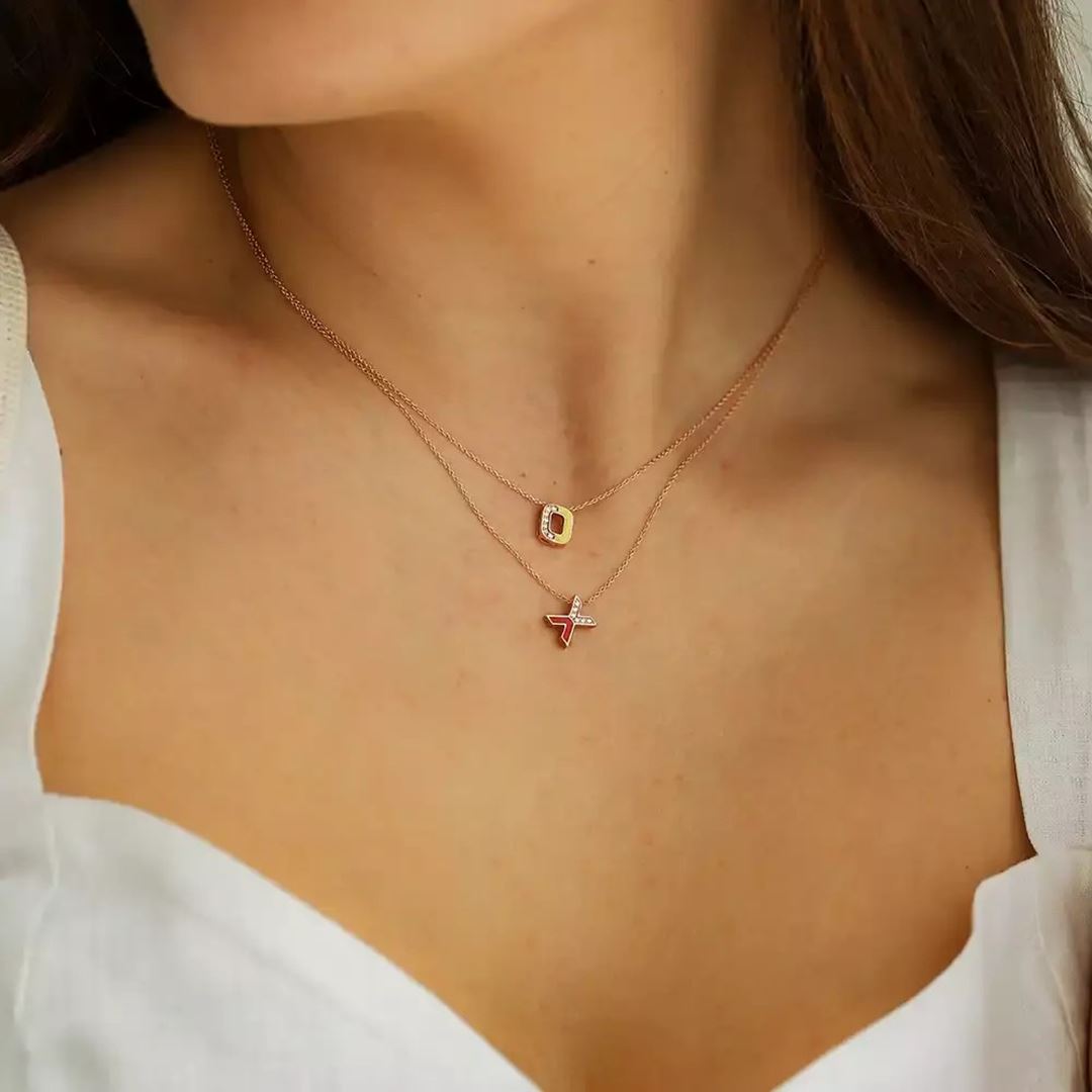 O Harf Pırlanta Taşlı ve Sarı Mineli Rose Altın Kolye