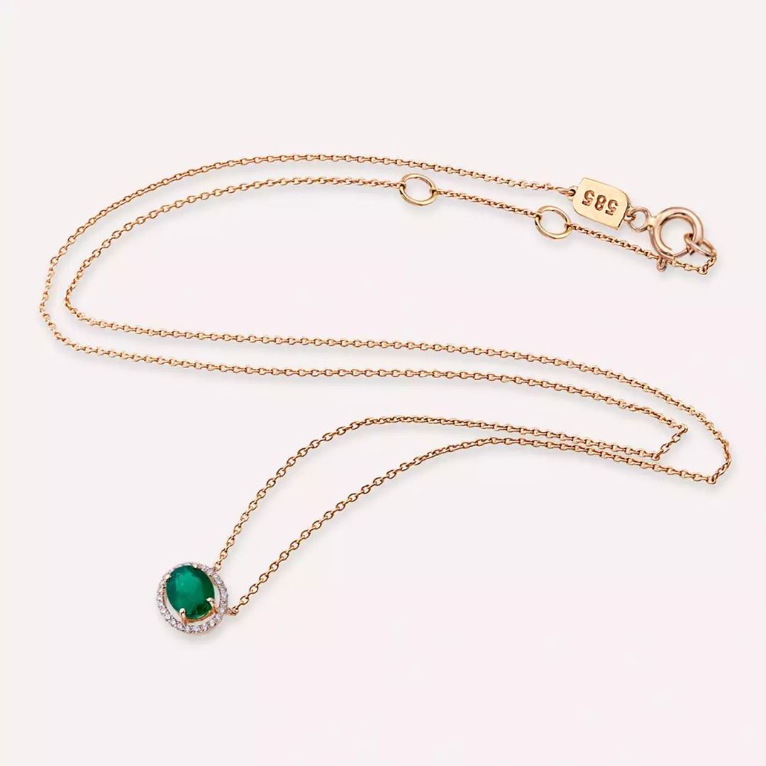 Jade Oval Kesim Zümrüt ve Pırlanta Taşlı Rose Altın Kolye