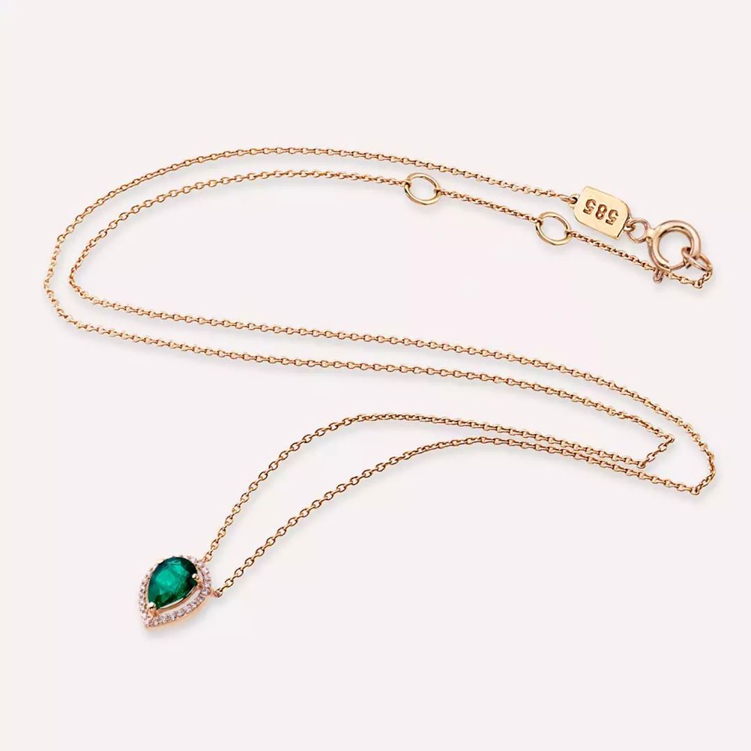 Blob Damla Kesim Zümrüt ve Pırlanta Taşlı Rose Altın Kolye