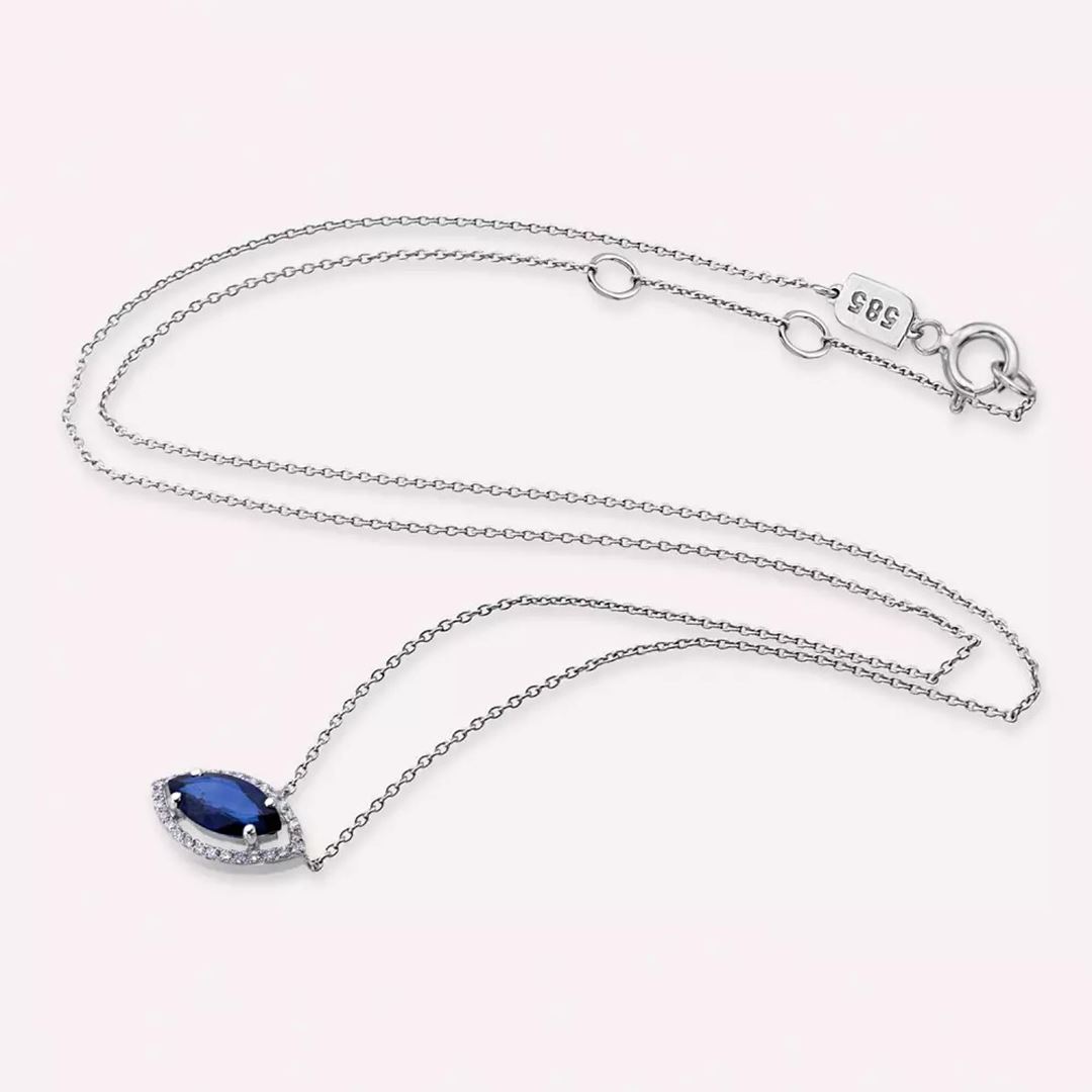 Shuttle Markiz Kesim Safir ve Pırlanta Taşlı Beyaz Altın Kolye