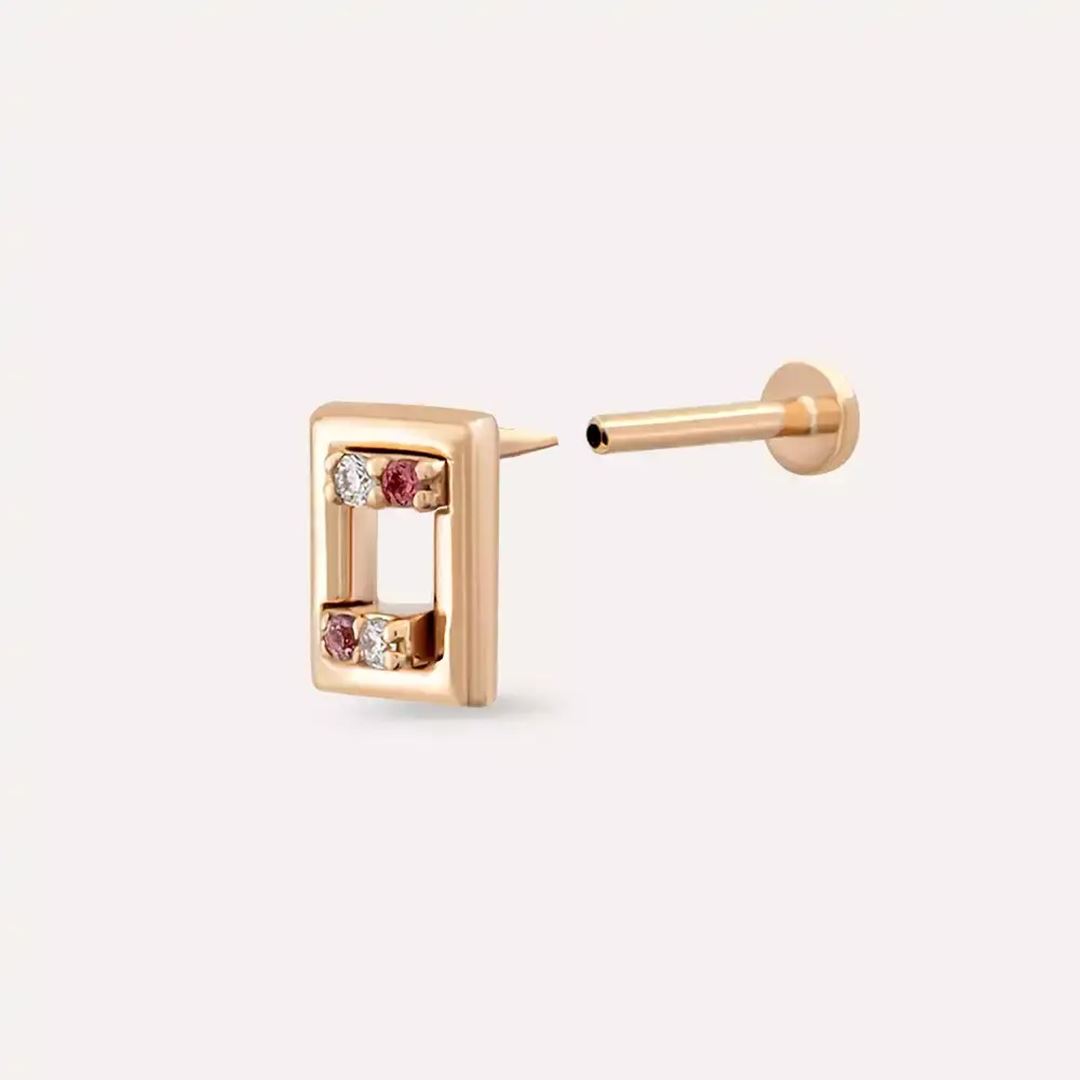 Angled Pırlanta ve Red Safir Taşlı Rose Altın Piercing