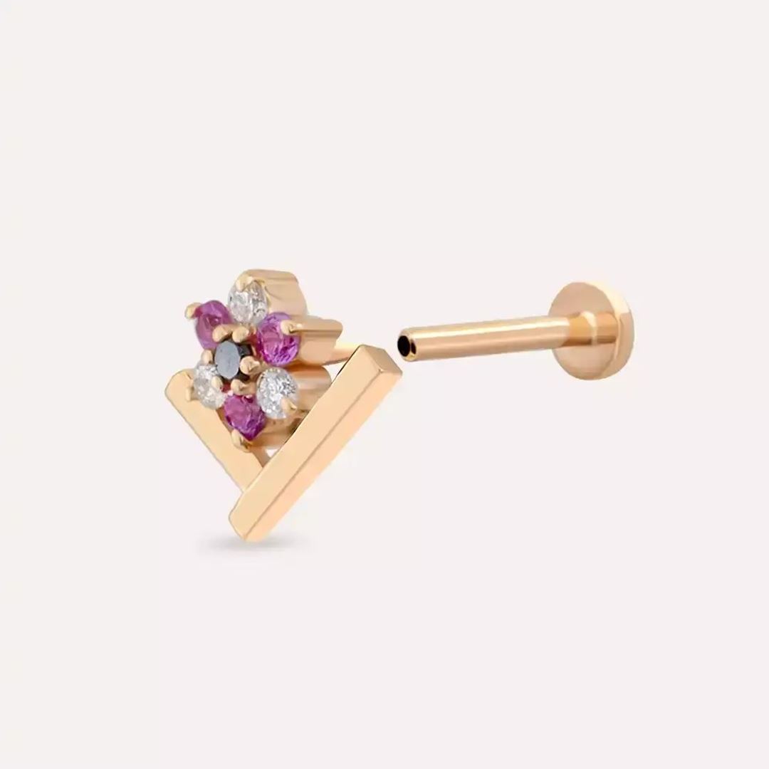 Vela Pırlanta ve Multicolor Safir Taşlı Rose Altın Piercing