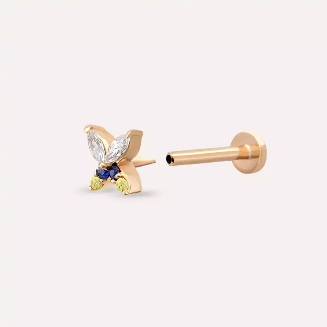 Pion Yellow, Blue Safir ve Pırlanta Taşlı Rose Altın Piercing
