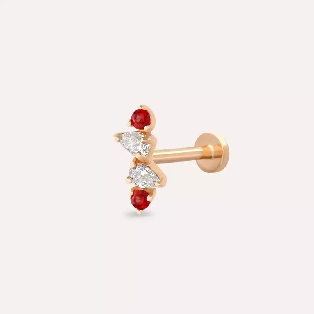 Brill Red Safir ve Pırlanta Taşlı Rose Altın Piercing