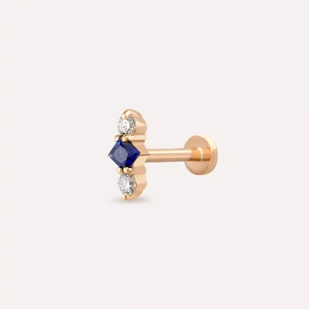 Tress Blue Safir ve Pırlanta Taşlı Rose Altın Piercing