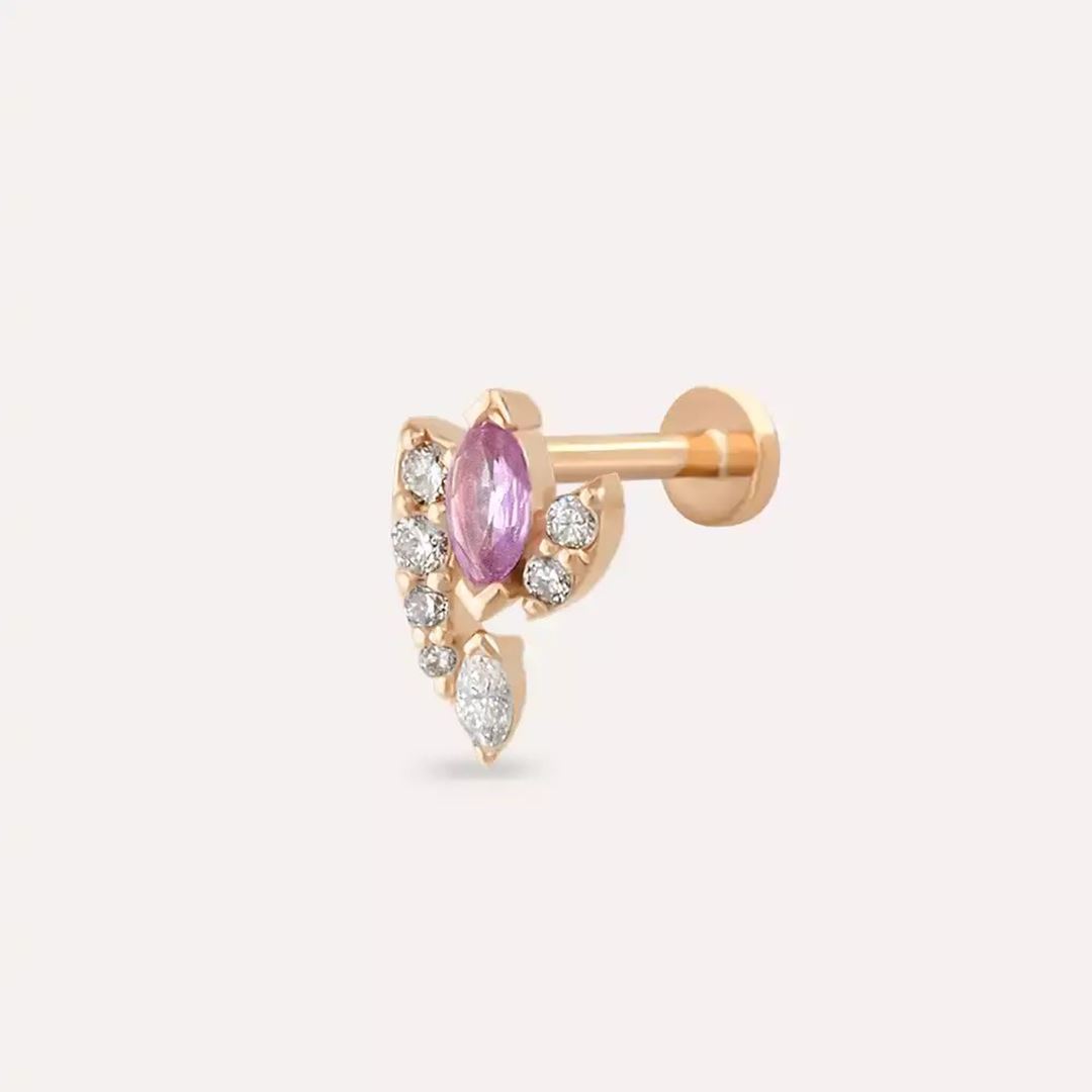 Visal Pink Safir ve Pırlanta Taşlı Rose Altın Piercing