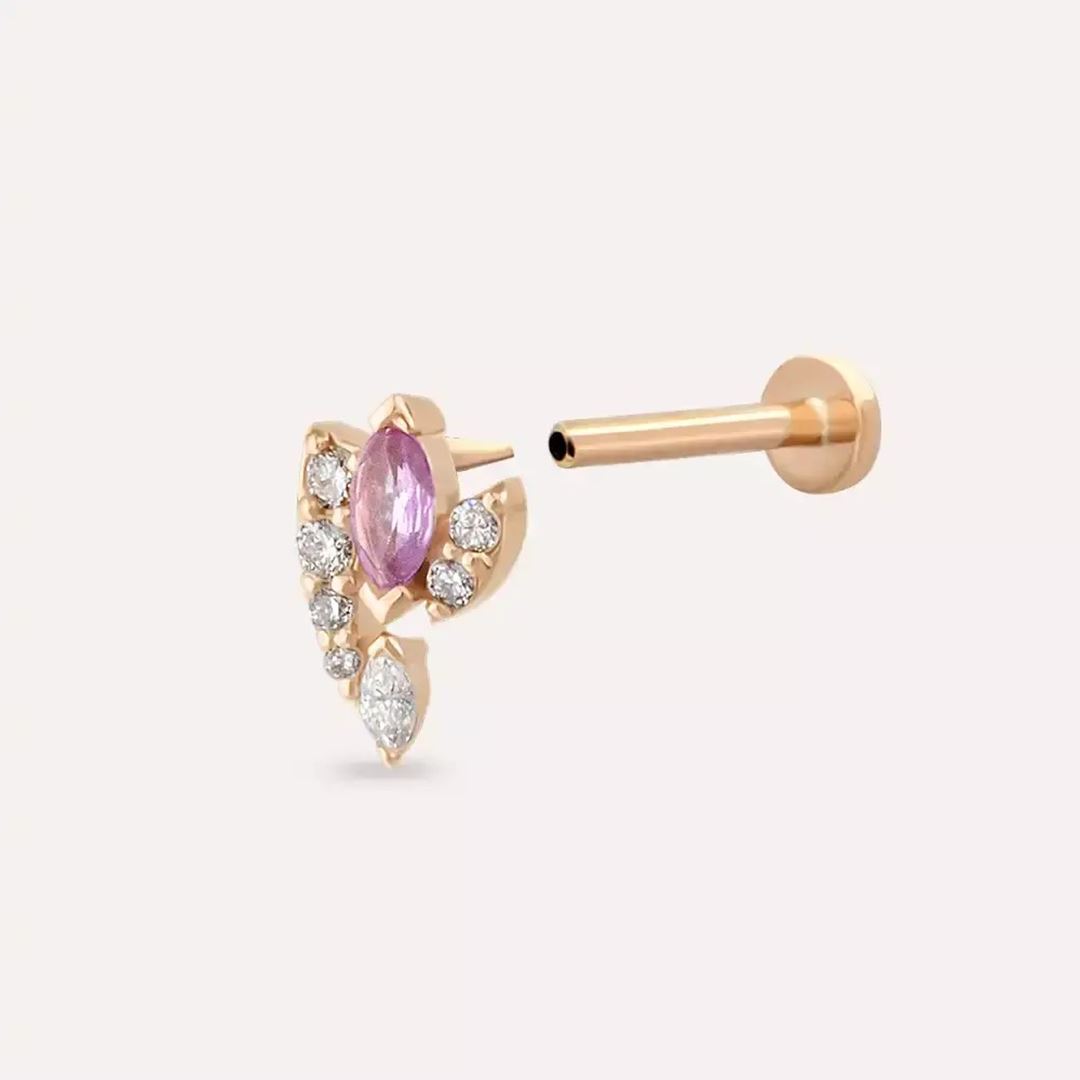 Visal Pink Safir ve Pırlanta Taşlı Rose Altın Piercing