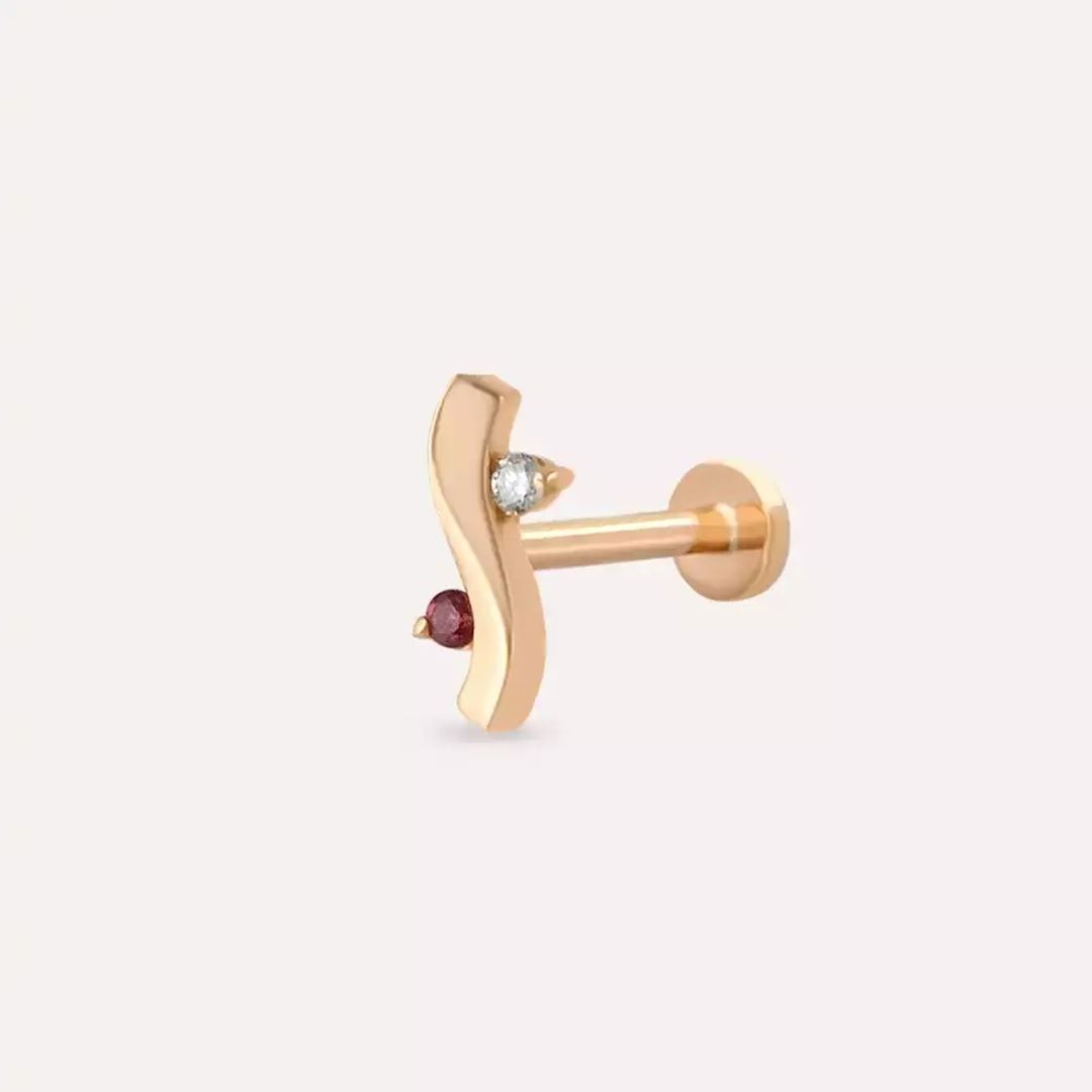 Wave Red Safir ve Pırlanta Taşlı Rose Altın Piercing