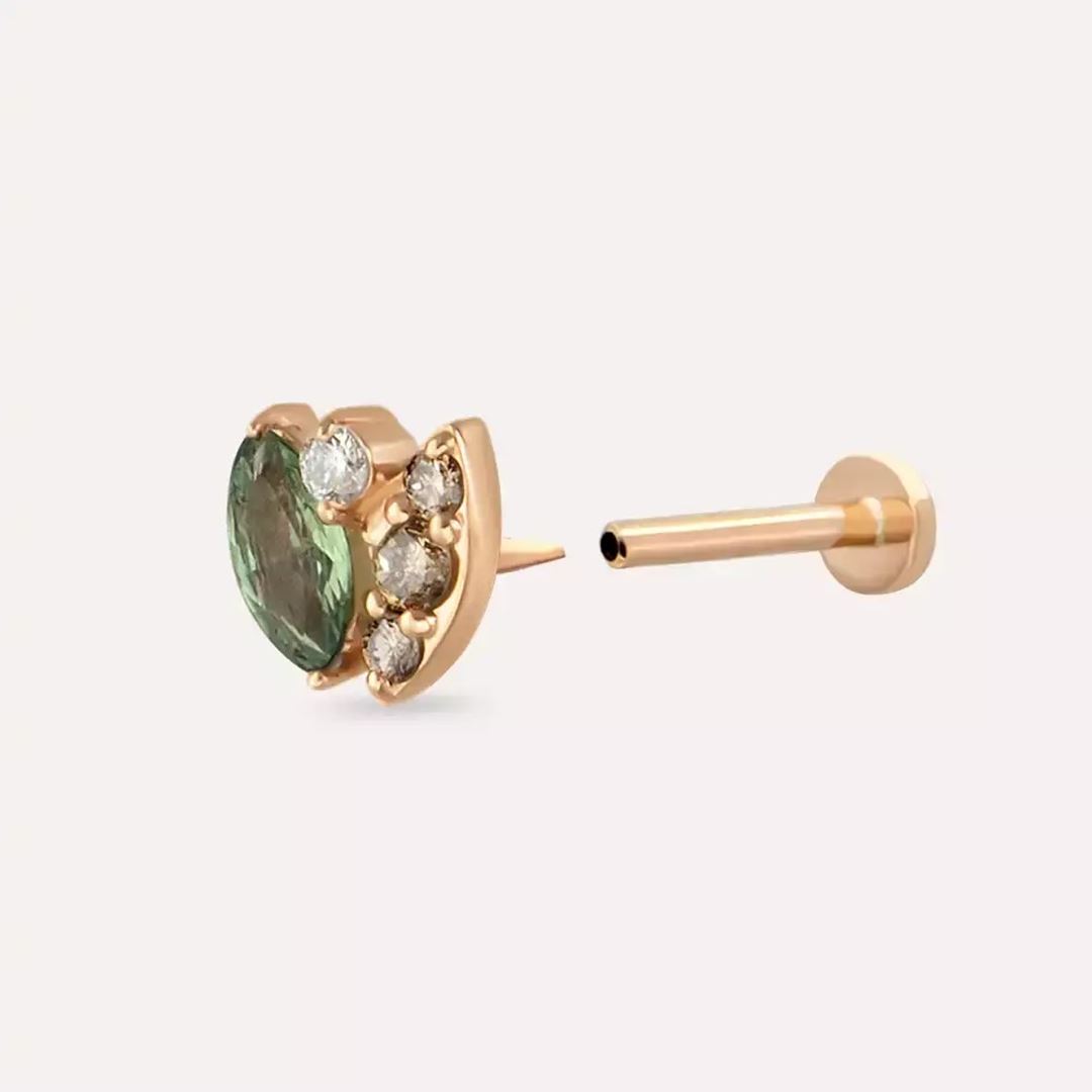 Erisa Green Safir ve Brown Pırlanta Taşlı Rose Altın Piercing