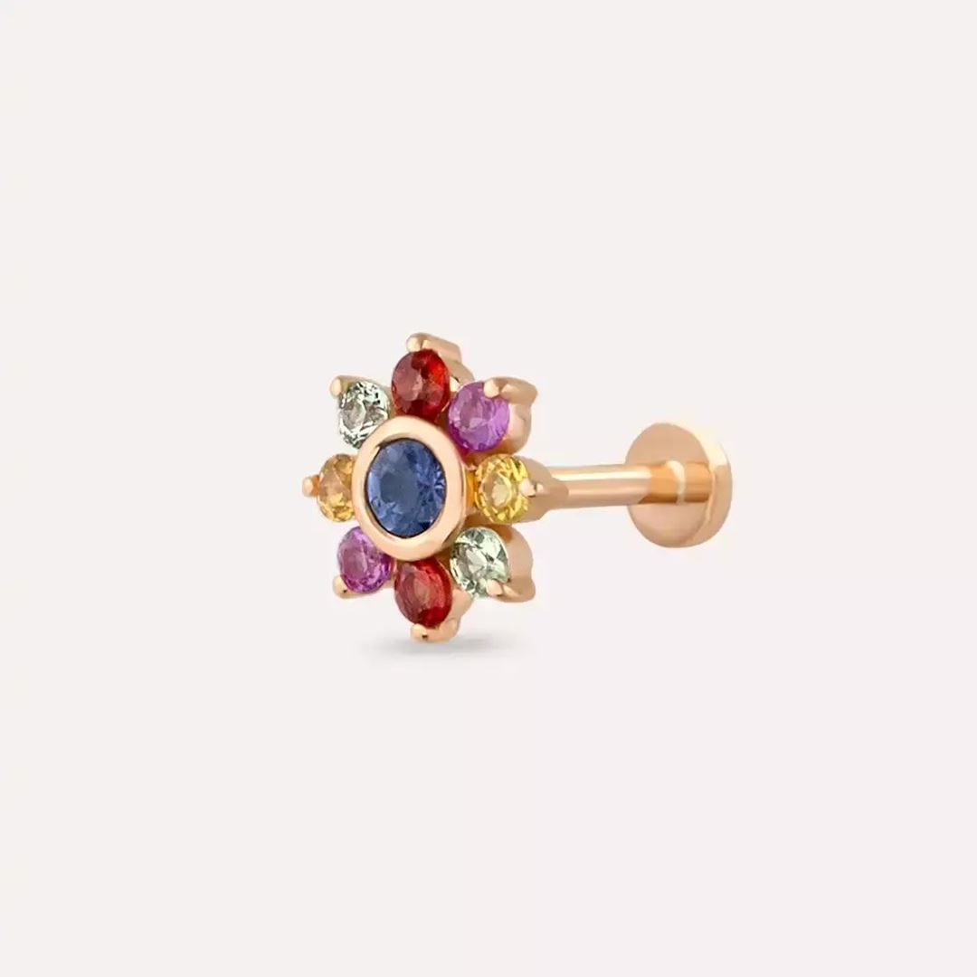 Floral Multicolor Safir Taşlı Rose Altın Piercing