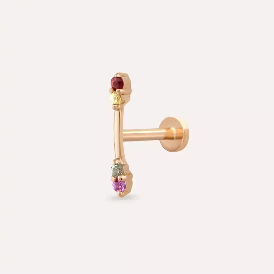 Rod Multicolor Safir Taşlı Rose Altın Piercing