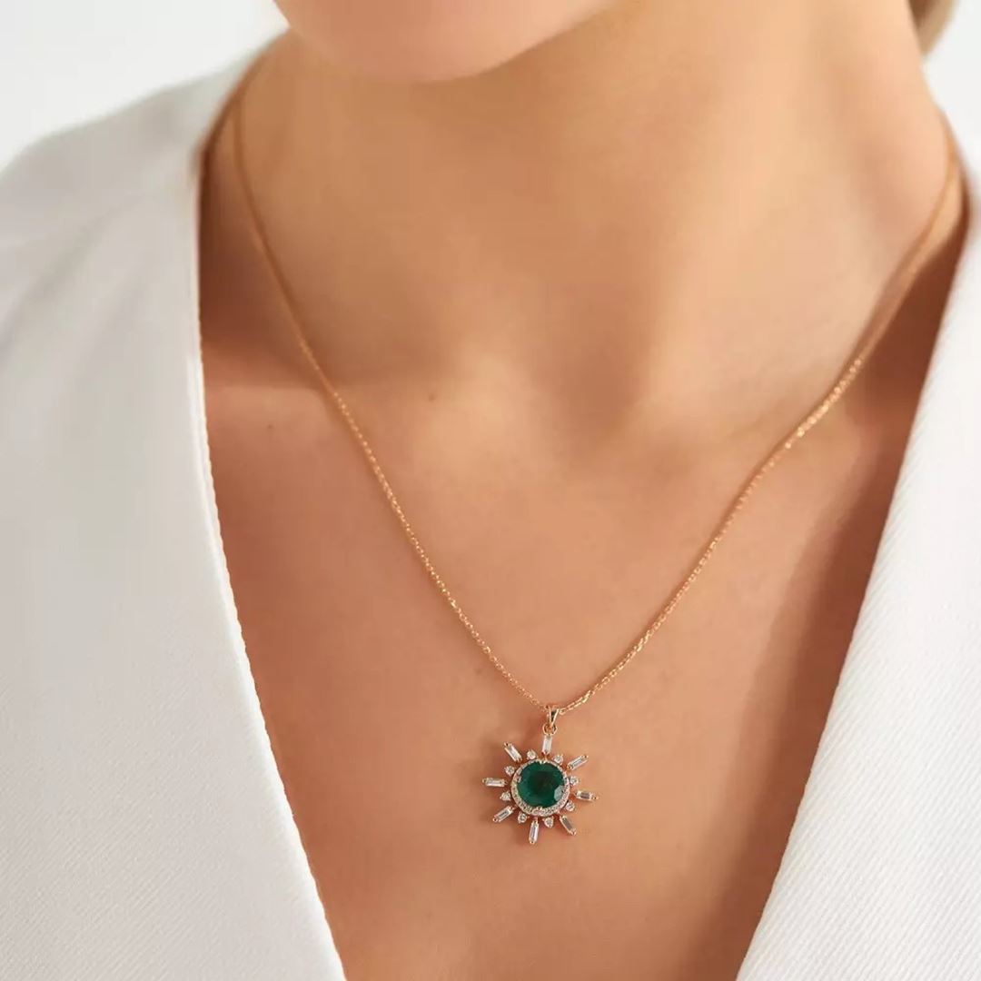 Lumos Zümrüt ve Pırlanta Taşlı Rose Altın Kolye
