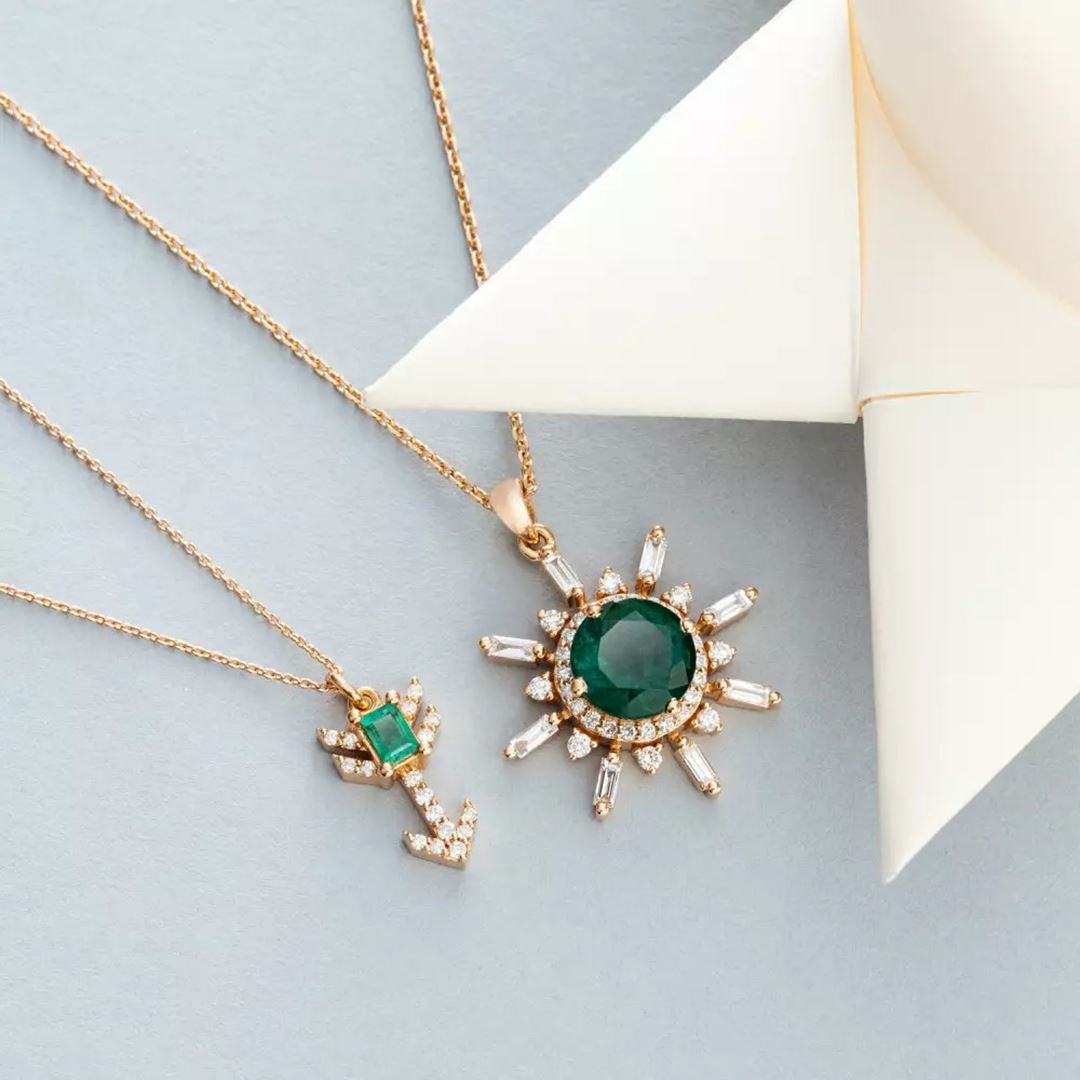 Lumos Zümrüt ve Pırlanta Taşlı Rose Altın Kolye