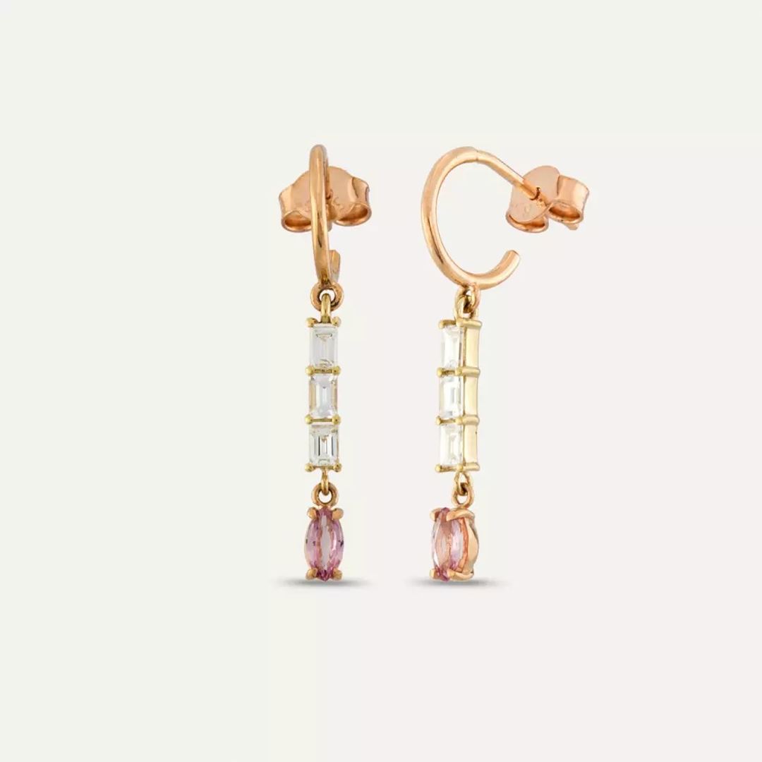 Baget Kesim Pırlanta ve Pink Safir Taşlı Rose Altın Küpe