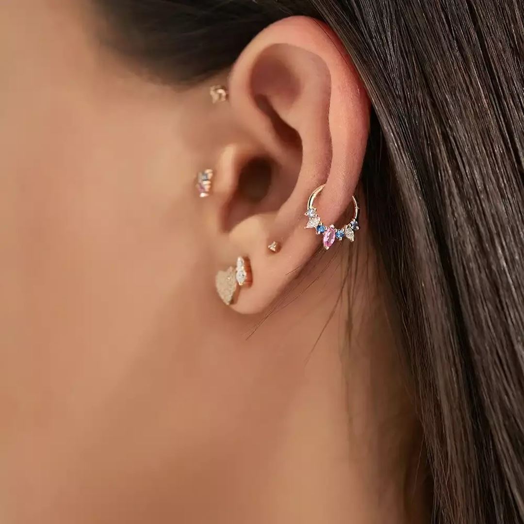 Henna Multicolor Safir ve Pırlanta Taşlı Rose Altın Halka Piercing