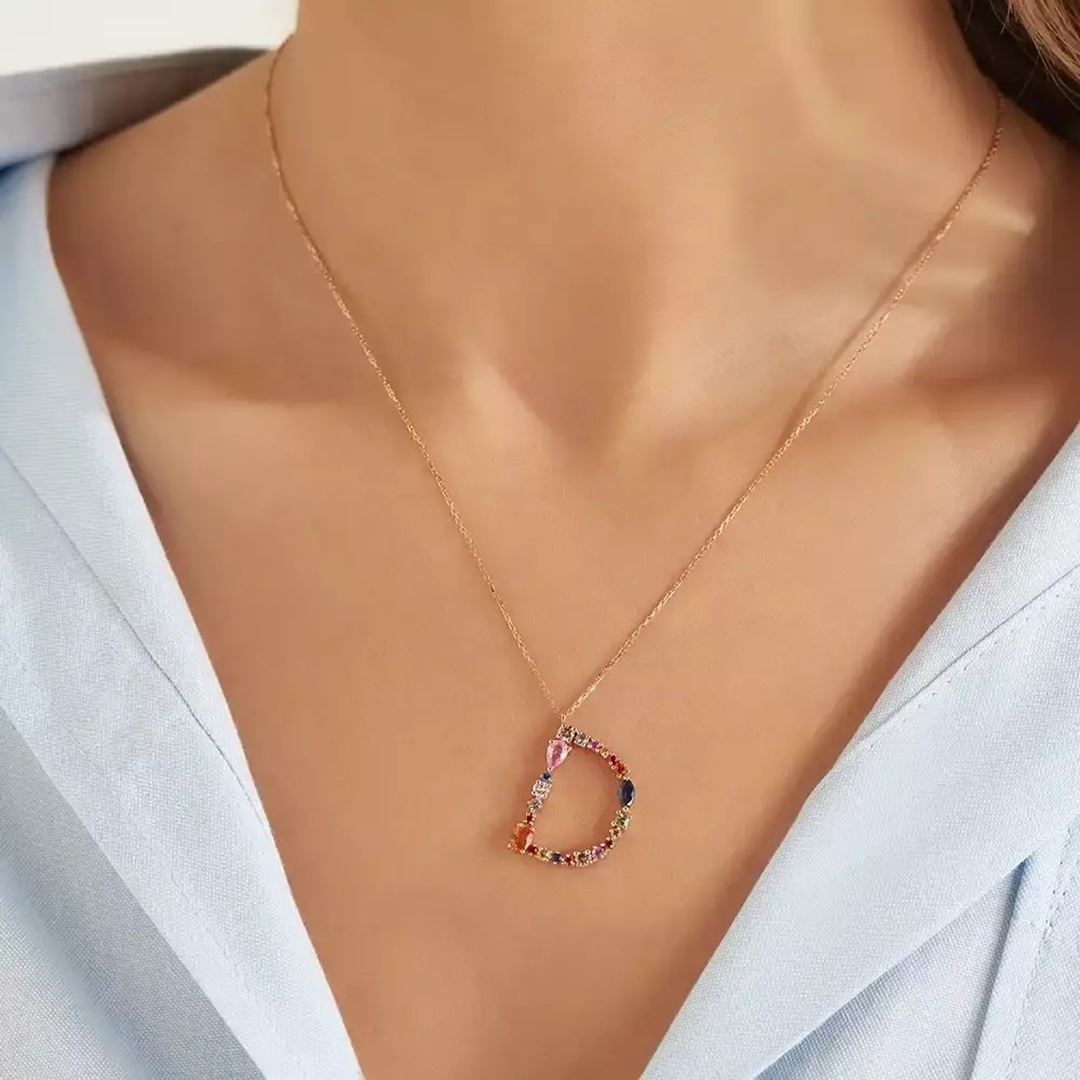 D Harf Multicolor Safir ve Brown Pırlanta Taşlı Rose Altın Kolye
