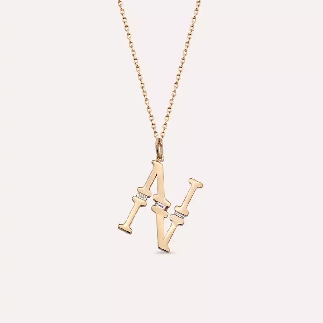 N Harf 0.04 CT Baget Pırlanta Taşlı Rose Altın Kolye
