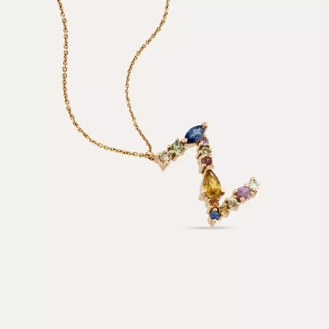 Z Harf Brown Pırlanta ve Multicolor Safir Taşlı Rose Altın Kolye
