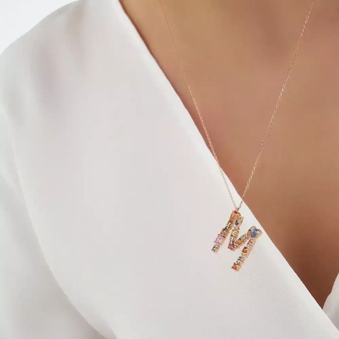 M Harf 1.80 CT Multicolor Safir Taşlı Rose Altın Kolye