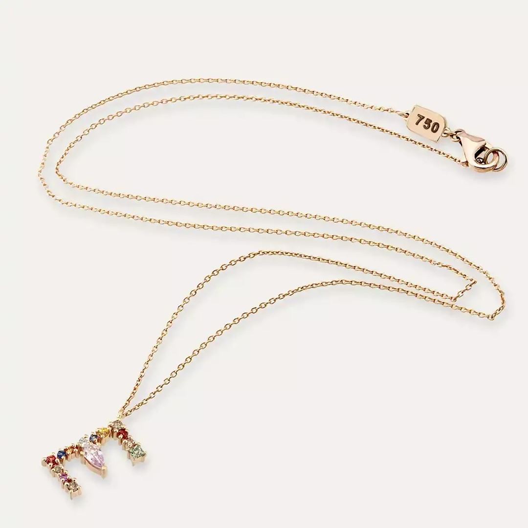 E Harf Brown Pırlanta ve Multicolor Safir Taşlı Rose Altın Kolye