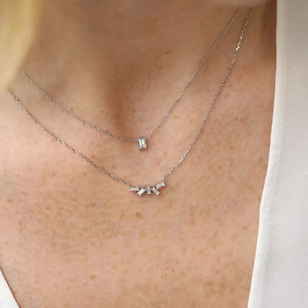 Solo Baget Kesim Pırlanta Taşlı Beyaz Altın Kolye