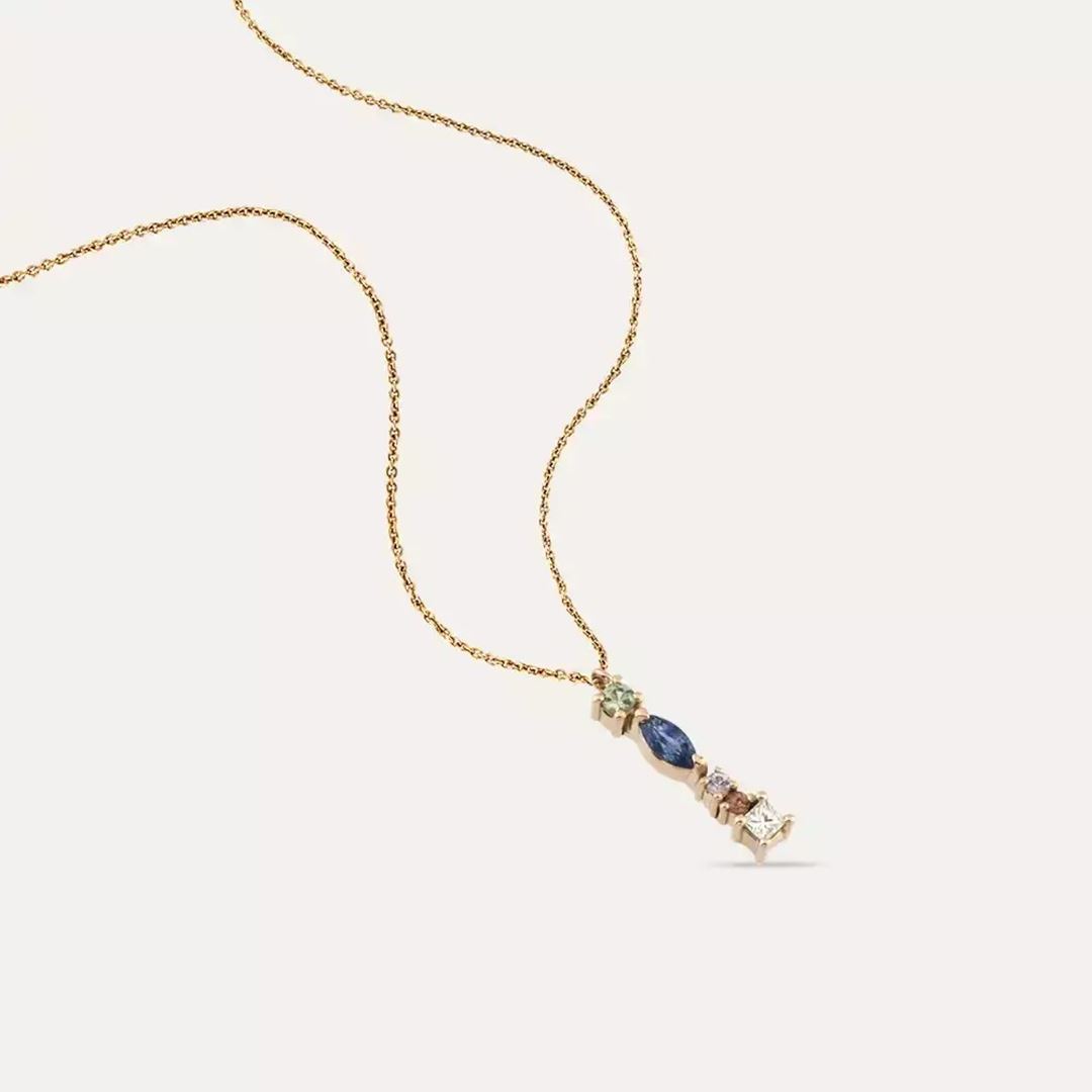 I Harf Brown Pırlanta ve Multicolor Safir Taşlı Rose Altın Kolye