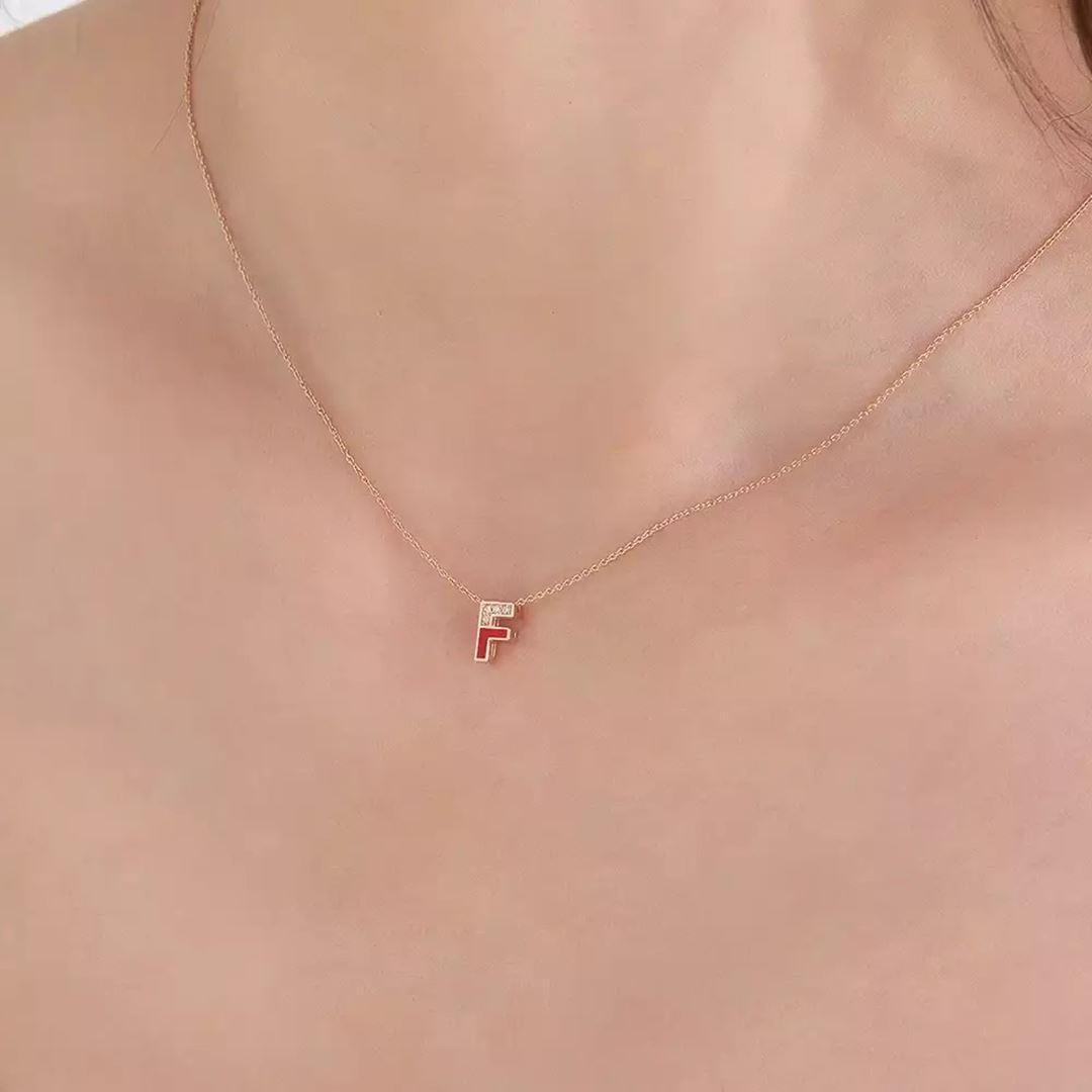 F Harf Pırlanta Taşlı ve Bordo Mineli Rose Altın Kolye