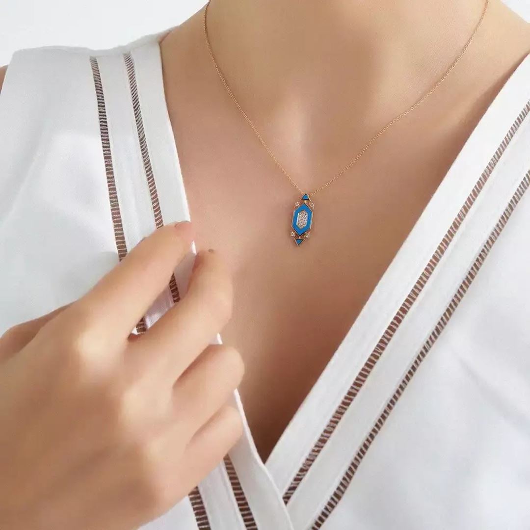 Reef Pırlanta Taşlı ve Mavi Mineli Rose Altın Kolye