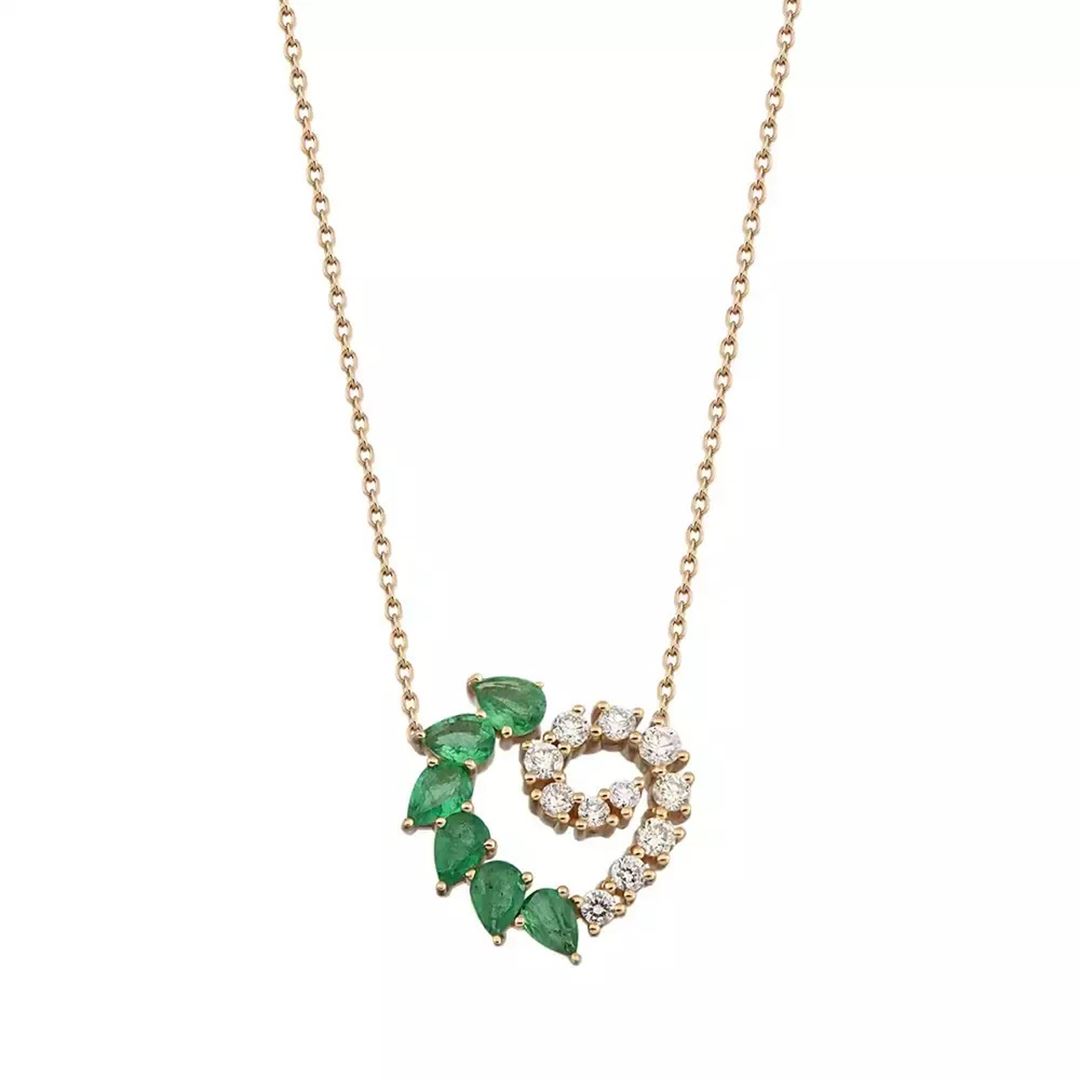 Boucle Zümrüt ve Pırlanta Taşlı Rose Altın Kolye