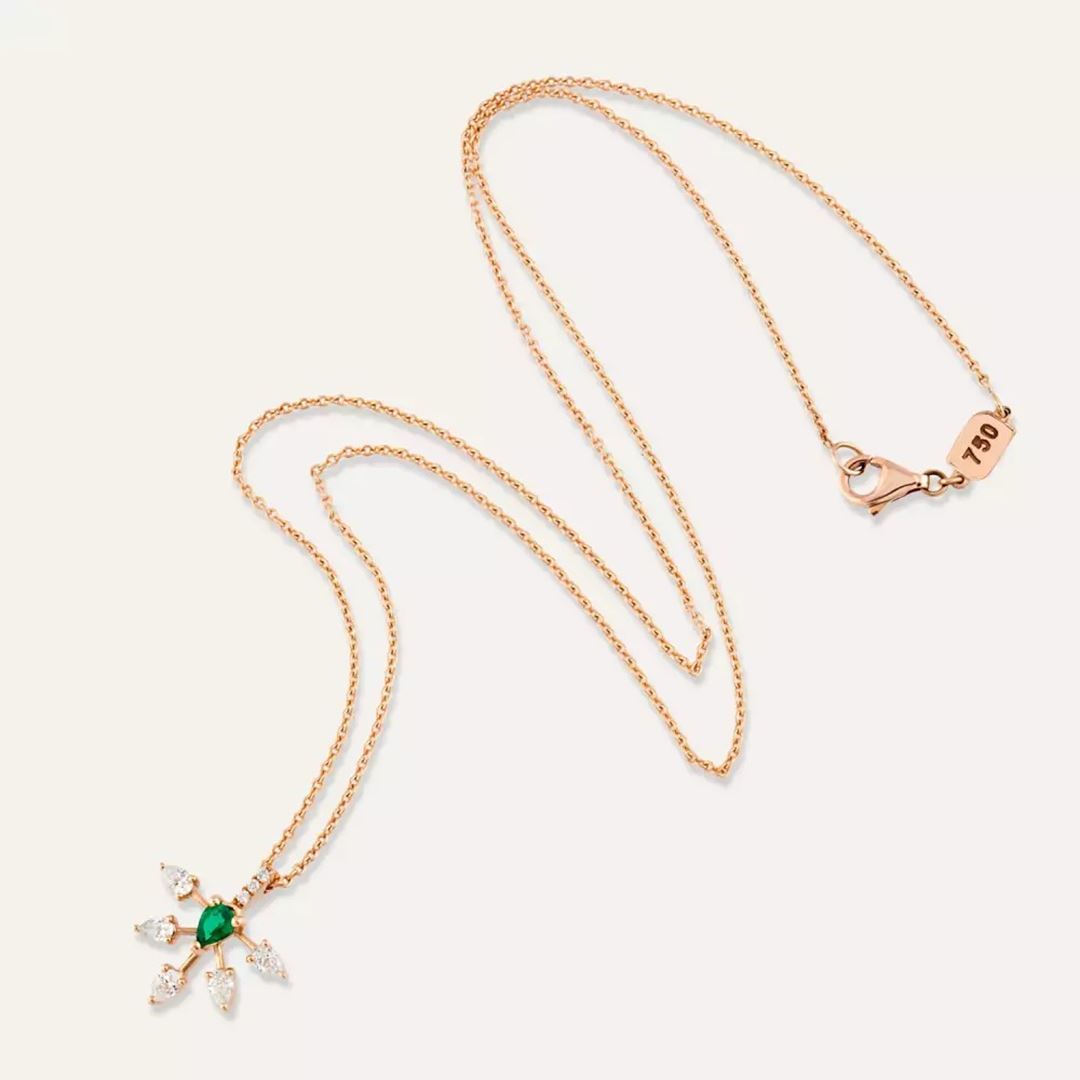 Elysian Zümrüt ve Pırlanta Taşlı Rose Altın Kolye