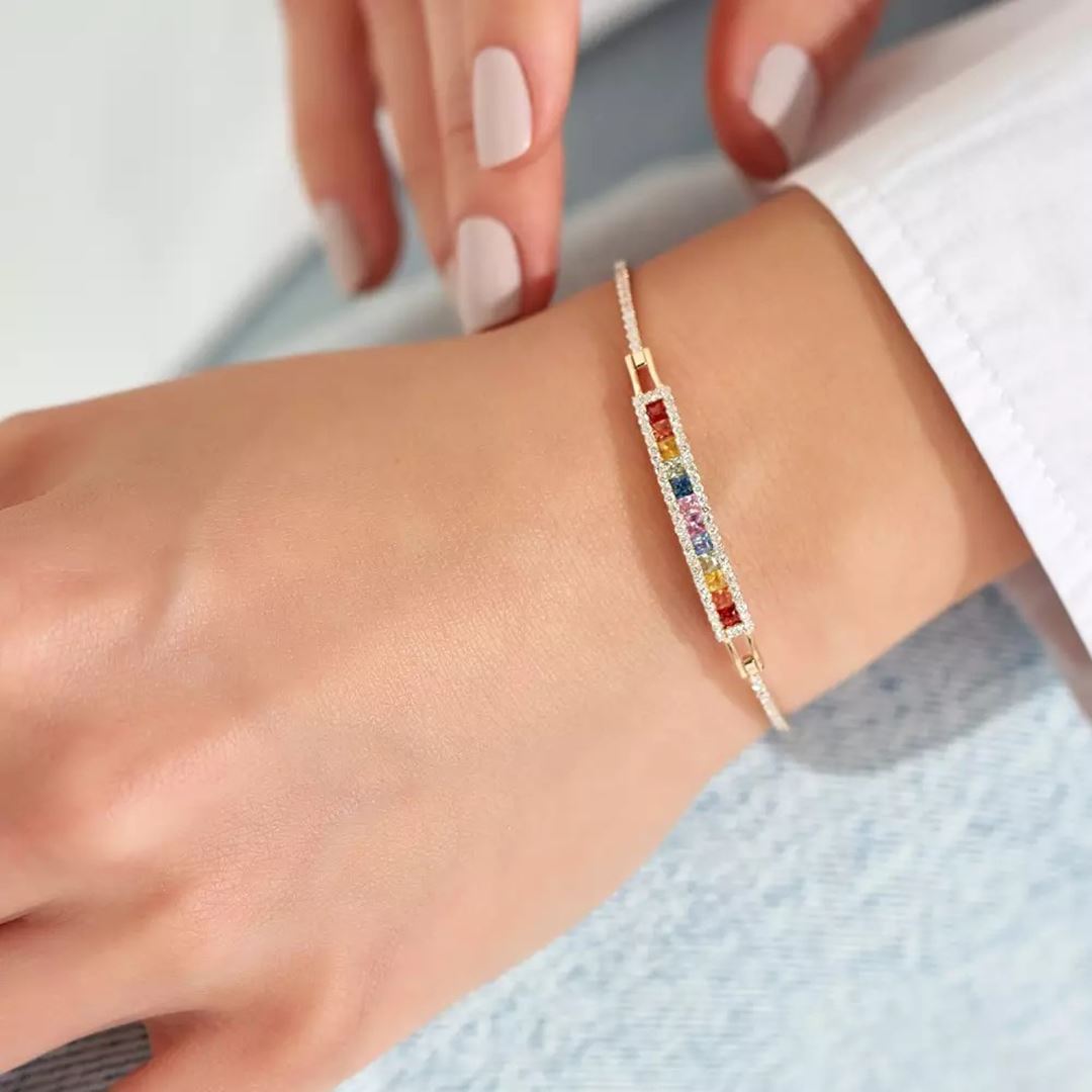 1.50 CT Multicolor Safir ve Pırlanta Taşlı Rose Altın Bileklik