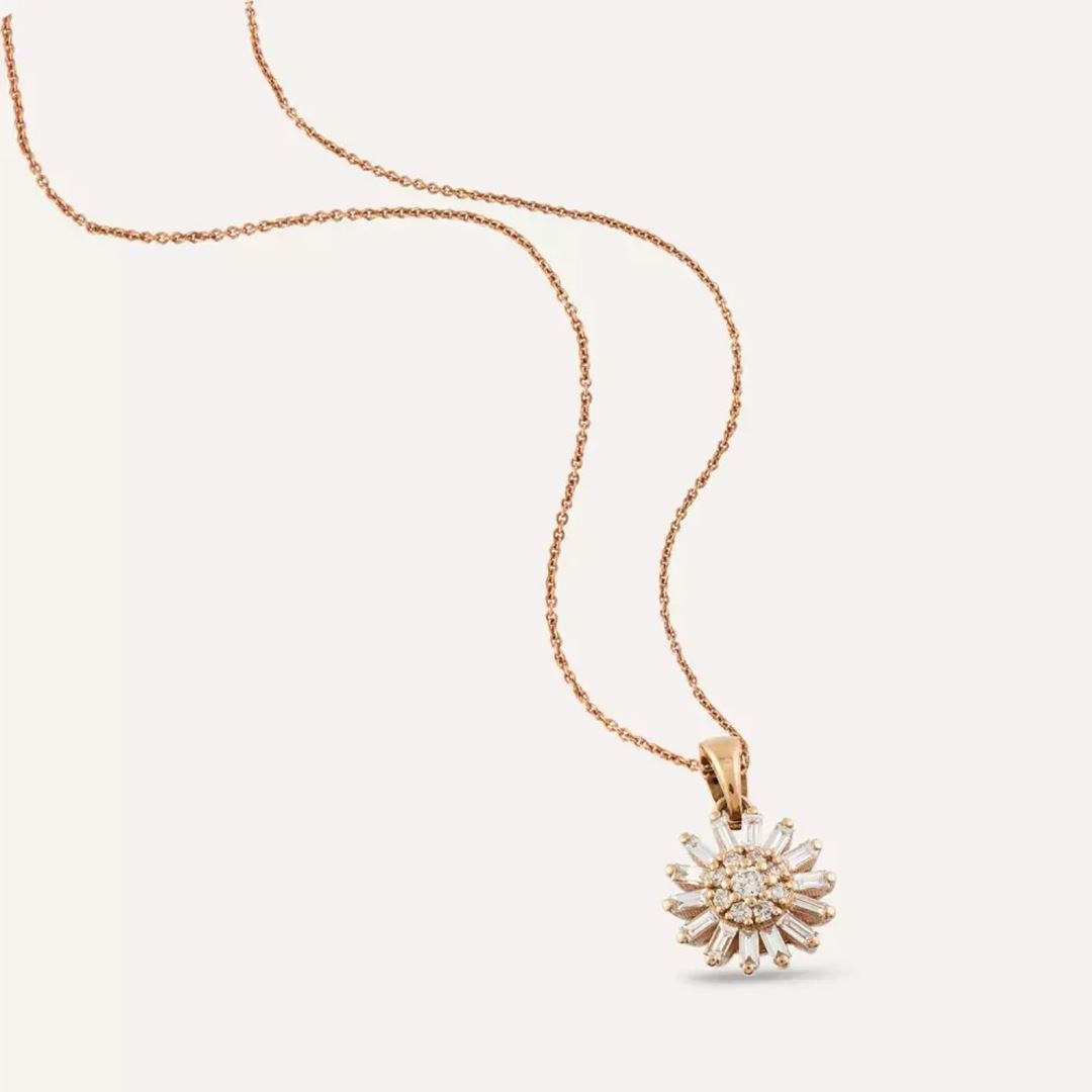 Shiny Baget Kesim Pırlanta Taşlı Rose Altın Kolye