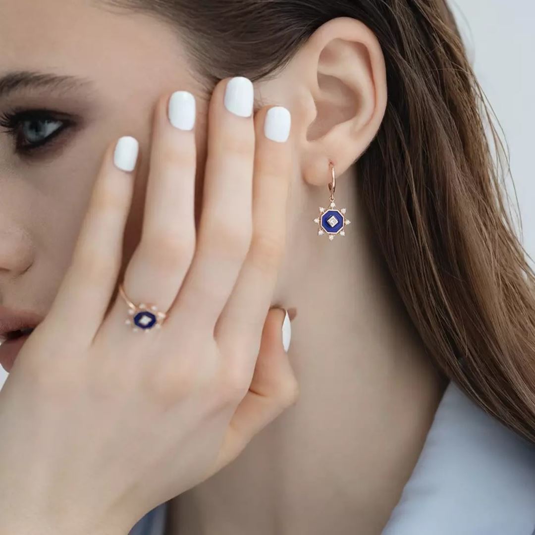 Zenith Pırlanta Taşlı ve Lacivert Mineli Küpe