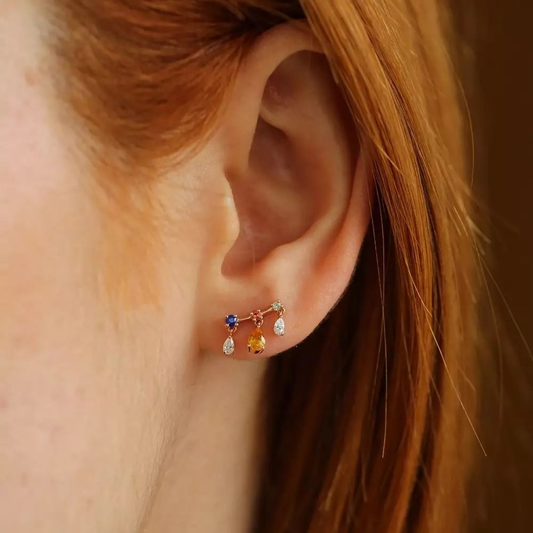 Shake Multicolor Safir ve Pırlanta Taşlı Rose Altın Tek Küpe