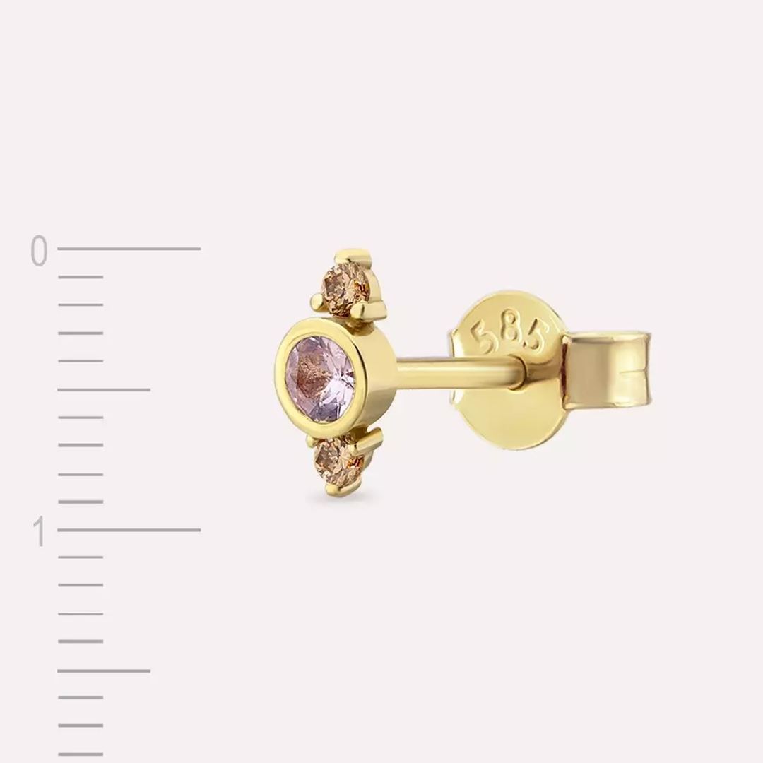 Andy Pink Safir ve Brown Pırlanta Taşlı Sarı Altın Tek Küpe