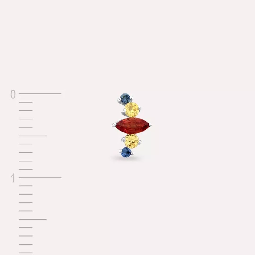 Crown Multicolor Safir Taşlı Beyaz Altın Tek Küpe